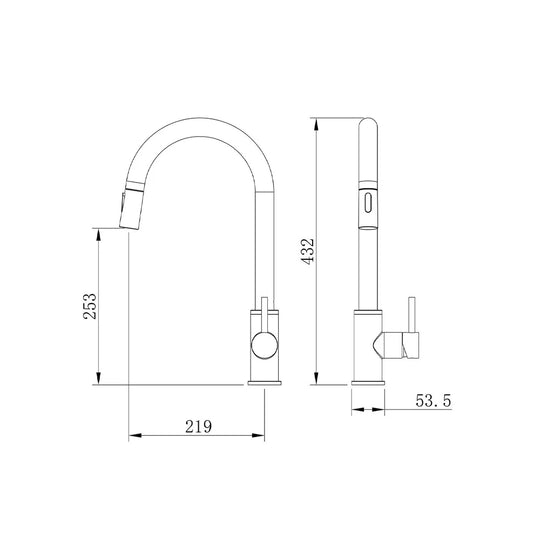 Dimensioned spec drawing for SANIKB FYF-05050 pull-down kitchen faucet