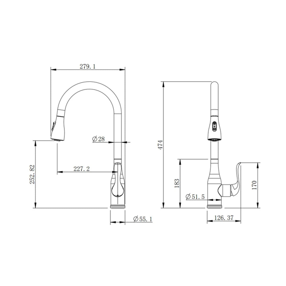 Dimensioned spec drawing for SANIKB FYF-05051 pull down kitchen faucet.