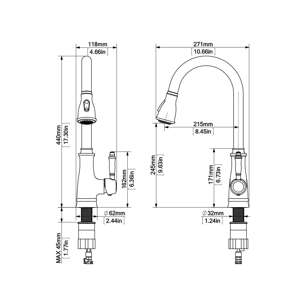 Dimensioned spec drawing for SANIKB FYF-05139 pull-down kitchen faucet.