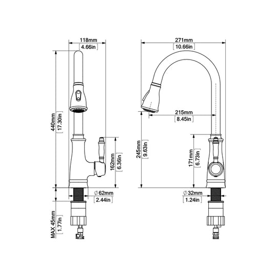 Dimensioned spec drawing for SANIKB FYF-05139 pull-down kitchen faucet.