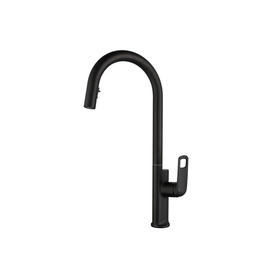 Matte black pull-down kitchen faucet, brass body, high-arc gooseneck with looped lever — SANIKB FYF-05017.