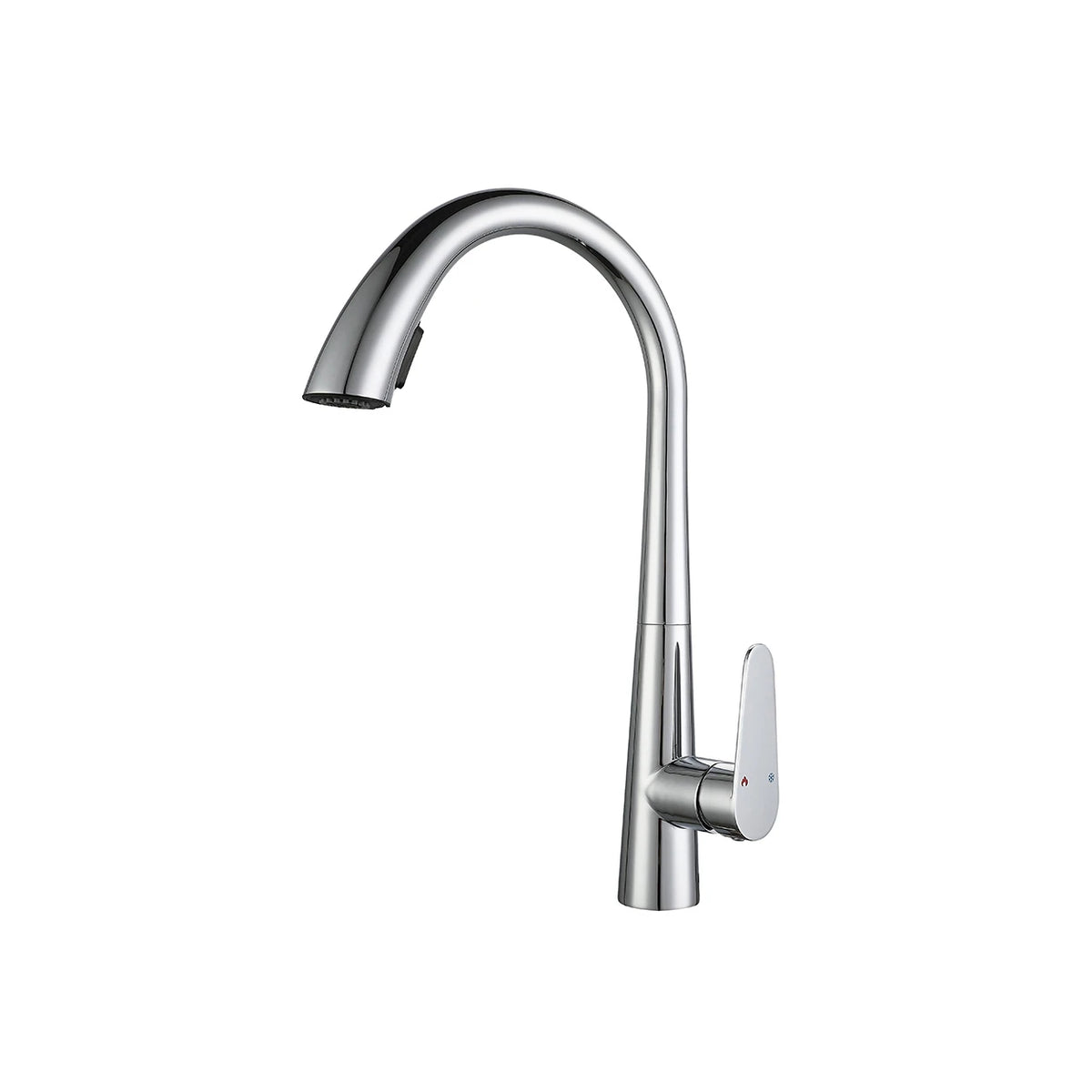 Polished chrome pull-down kitchen faucet, brass body, gooseneck spout with side lever — SANIKB FYF-05018.