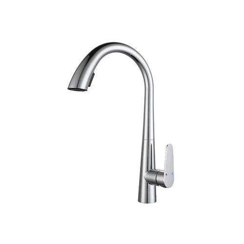 Polished chrome pull-down kitchen faucet, brass body, gooseneck spout with side lever — SANIKB FYF-05018.