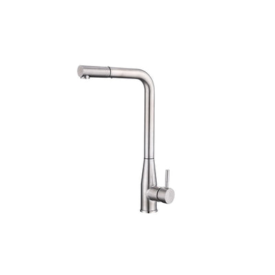 Brushed nickel pull-down kitchen faucet, solid brass, high L-shaped spout with pull-out spray head — SANIKB FYF-05026.