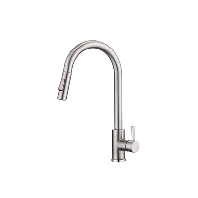 Brushed nickel pull-down kitchen faucet, brass body, high-arc gooseneck spout and side lever — SANIKB FYF-05027.