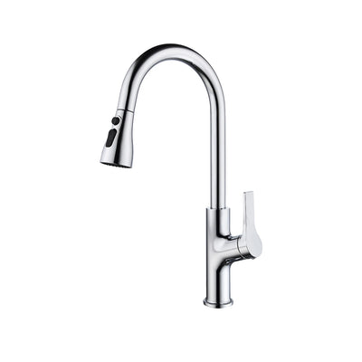 Polished chrome pull-down kitchen faucet, brass body, high-arc gooseneck spout with ribbed lever handle — SANIKB FYF-05028.