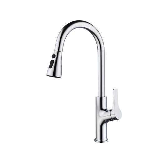 Polished chrome pull-down kitchen faucet, brass body, high-arc gooseneck spout with ribbed lever handle — SANIKB FYF-05028.