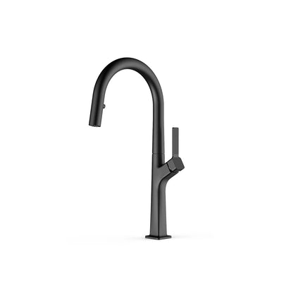 Matte black pull-down kitchen faucet, brass, high-arc gooseneck with fluted lever handle — SANIKB FYF-05033.
