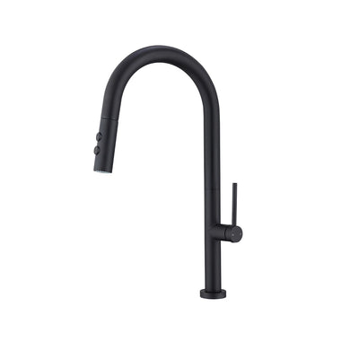 Matte black pull-down kitchen faucet, solid brass, high-arc gooseneck spout with dual-spray head — SANIKB FYF-05034.