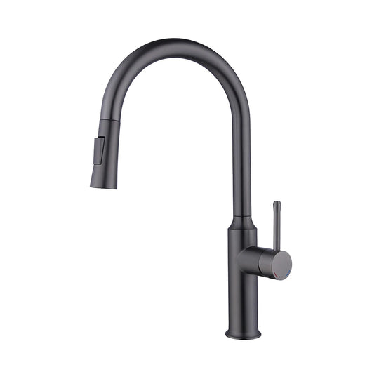 Gunmetal grey pull-down kitchen faucet, brass, high-arc gooseneck spray head — SANIKB FYF-05049.