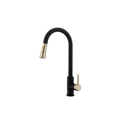 Matte black and brushed gold pull-down kitchen faucet, brass, high-arc gooseneck spout — SANIKB FYF-05050
