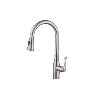 Brushed nickel pull-down kitchen faucet, brass body, high-arc gooseneck spout with curled lever — SANIKB FYF-05051.