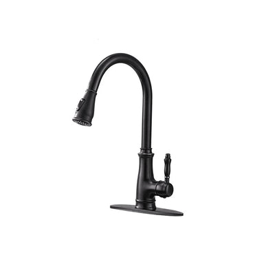 Matte black pull-down kitchen faucet, solid brass, high-arc gooseneck spout with deck plate — SANIKB FYF-05139.
