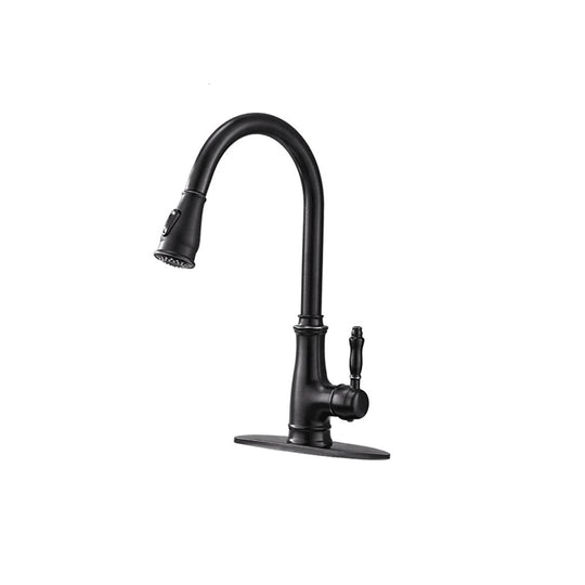 Matte black pull-down kitchen faucet, solid brass, high-arc gooseneck spout with deck plate — SANIKB FYF-05139.