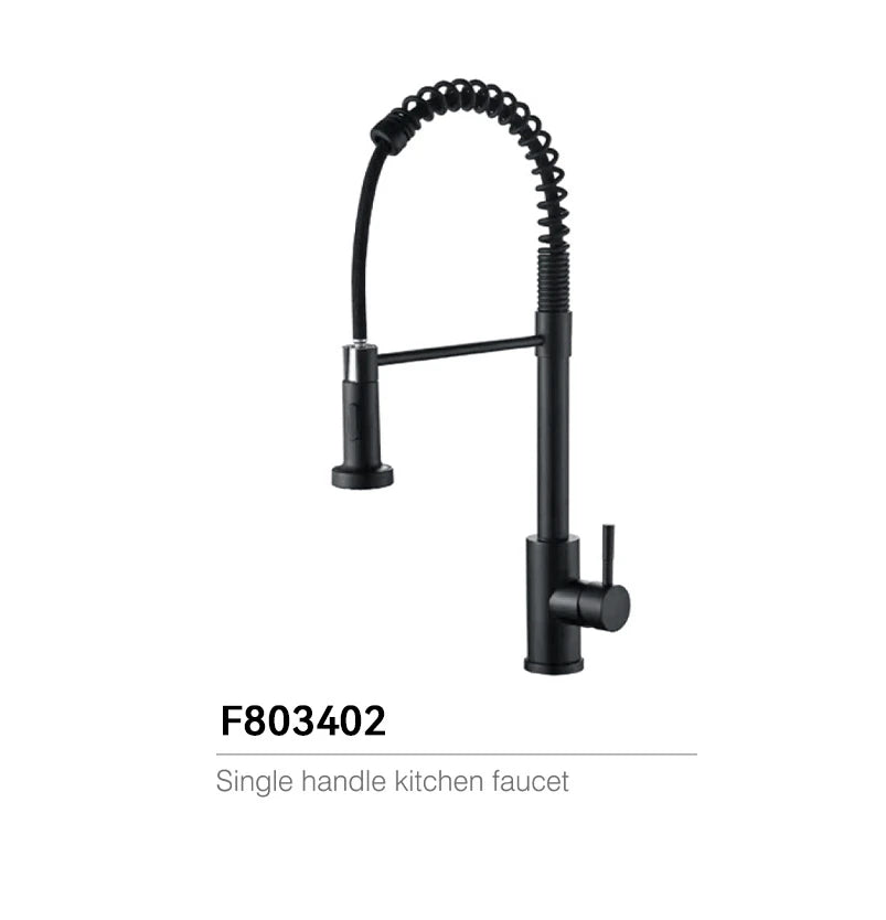 Matte Black pull-down kitchen faucet, brass body, black coil-spring sprayer with a fixed second spout — SANIKB F803402