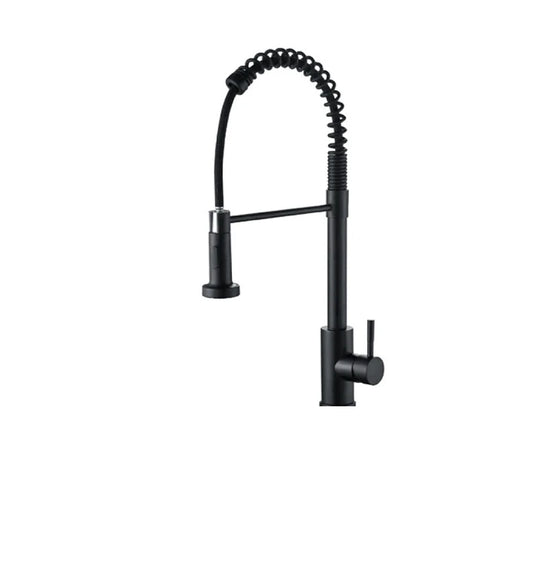 Matte Black pull-down kitchen faucet, brass body, black coil-spring sprayer with a fixed second spout — SANIKB F803402