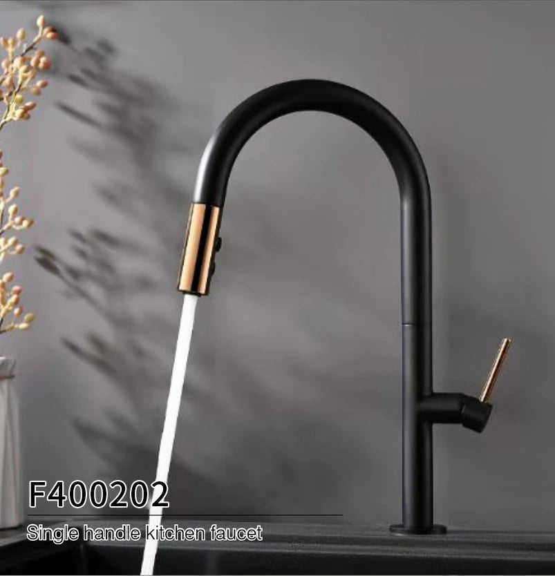 Matte Black & Rose Gold pull-down kitchen faucet, brass body, smooth gooseneck with a two-tone pull-down sprayhead — SANIKB F400202