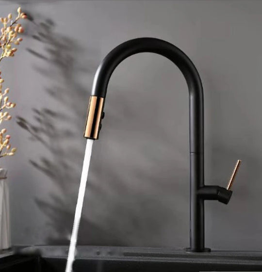 Matte Black & Rose Gold pull-down kitchen faucet, brass body, smooth gooseneck with a two-tone pull-down sprayhead — SANIKB F400202