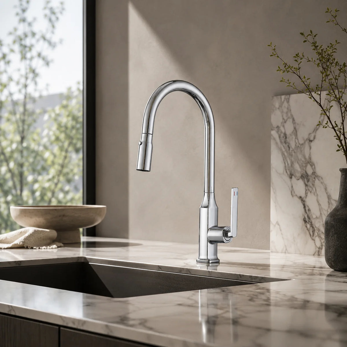 Pull down kitchen faucet brass, installed kitchen lifestyle scene — SANIKB FYF-05014