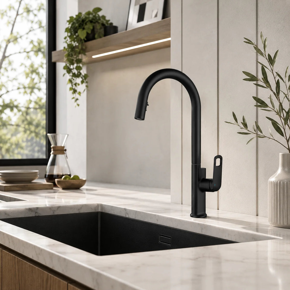 Pull down kitchen faucet brass, installed kitchen lifestyle scene — SANIKB FYF-05017