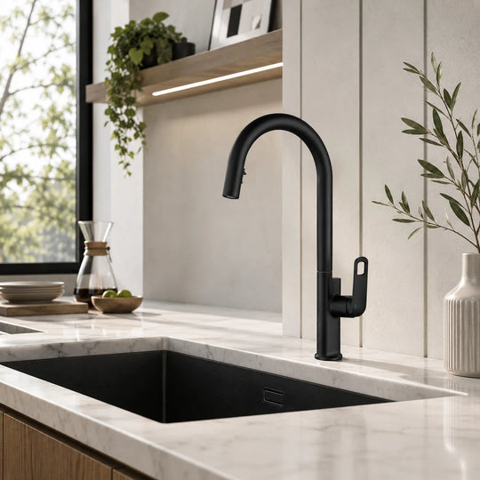 Pull down kitchen faucet brass, installed kitchen lifestyle scene — SANIKB FYF-05017