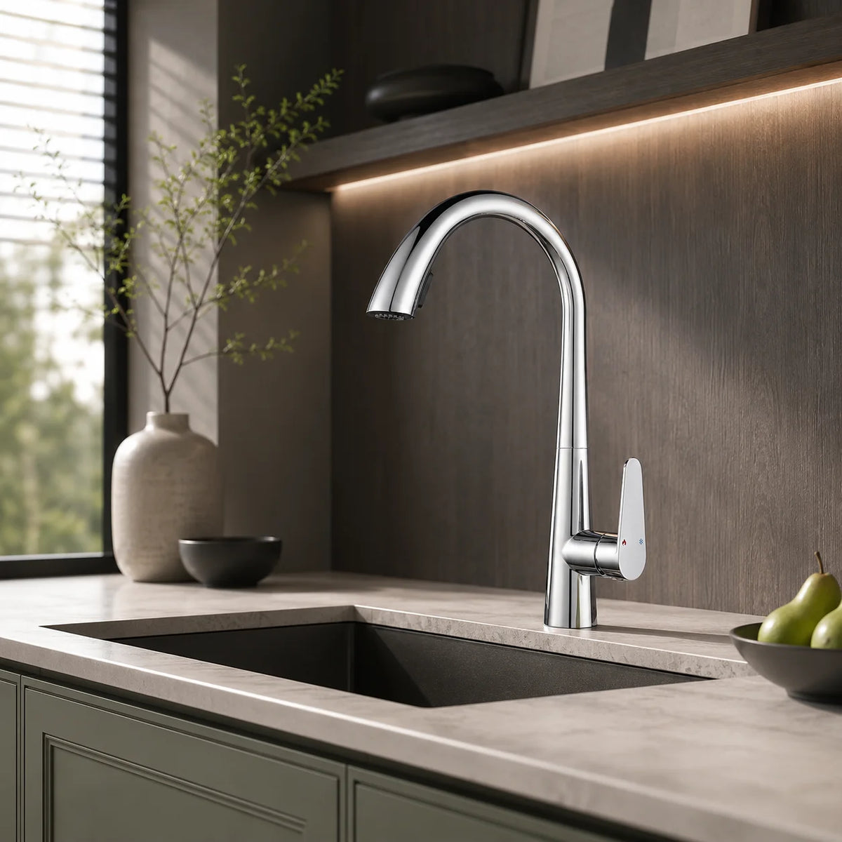 Pull down kitchen faucet brass, installed kitchen lifestyle scene — SANIKB FYF-05018