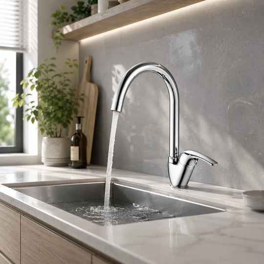 Pull down kitchen faucet brass, installed kitchen lifestyle scene — SANIKB FYF-05022