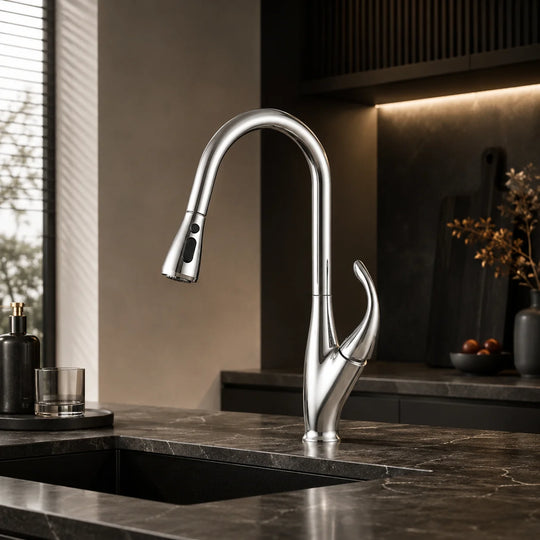 Pull down kitchen faucet brass, installed kitchen lifestyle scene — SANIKB FYF-05025