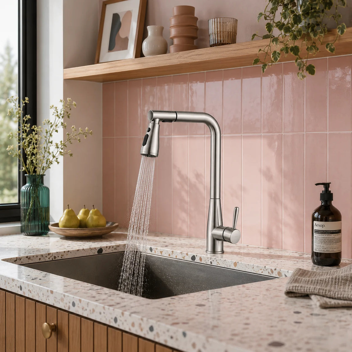 Pull down kitchen faucet brass, installed kitchen lifestyle scene — SANIKB FYF-05026