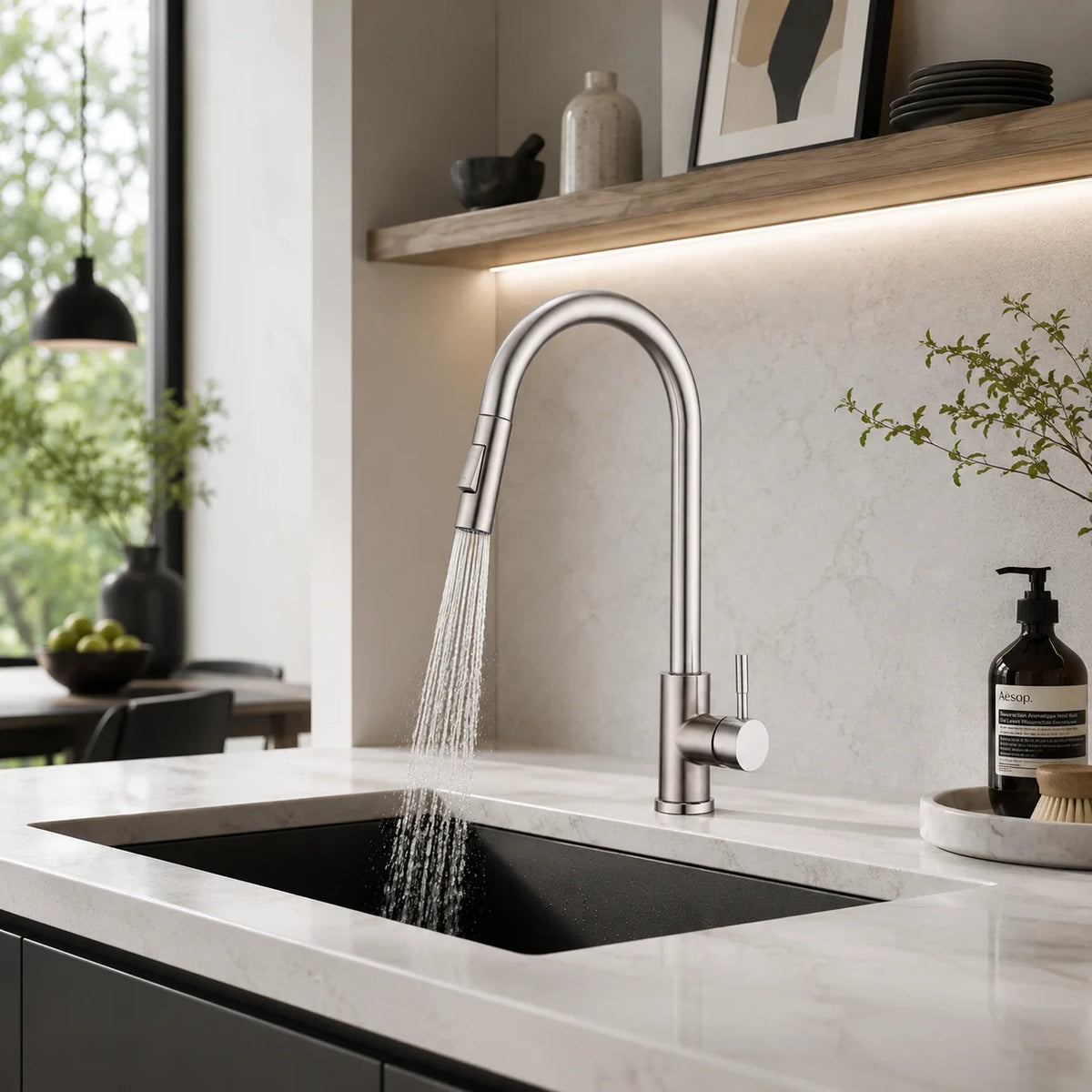 Pull down kitchen faucet brass, installed kitchen lifestyle scene — SANIKB FYF-05027