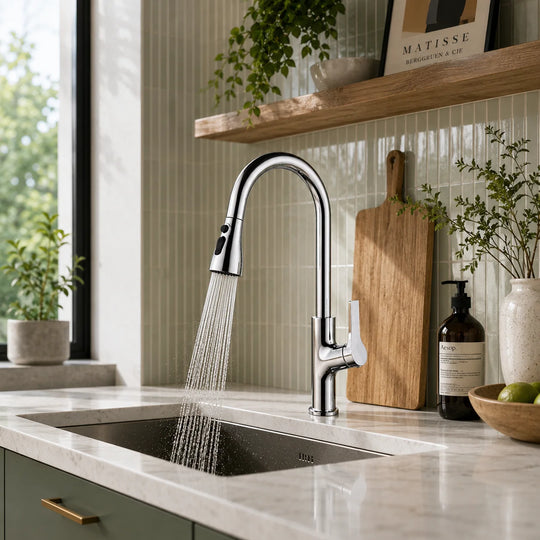 Pull down kitchen faucet brass, installed kitchen lifestyle scene — SANIKB FYF-05028
