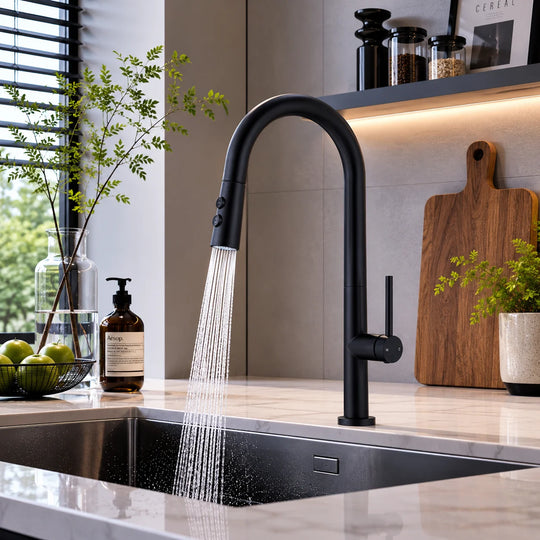Pull down kitchen faucet brass, installed kitchen lifestyle scene — SANIKB FYF-05034