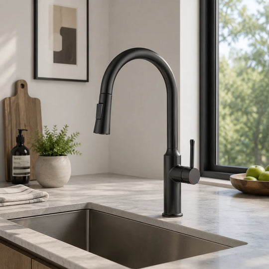 Pull down kitchen faucet brass, installed kitchen lifestyle scene — SANIKB FYF-05049