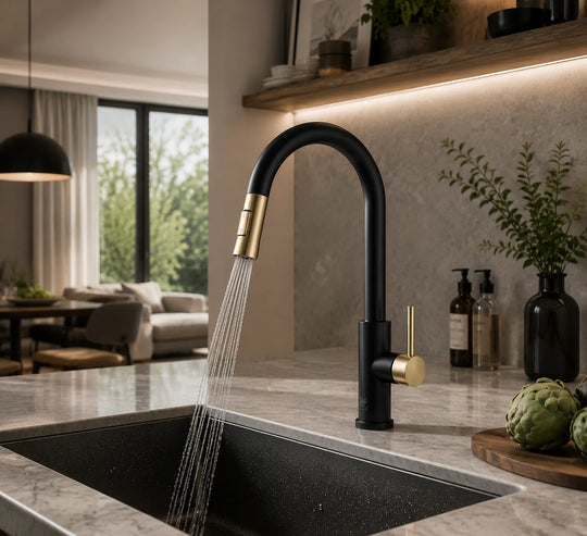 Pull down kitchen faucet brass, installed kitchen lifestyle scene — SANIKB FYF-05050