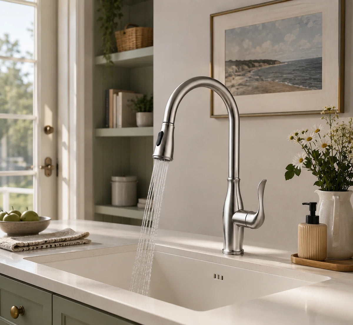 Pull down kitchen faucet brass, installed kitchen lifestyle scene — SANIKB FYF-05051