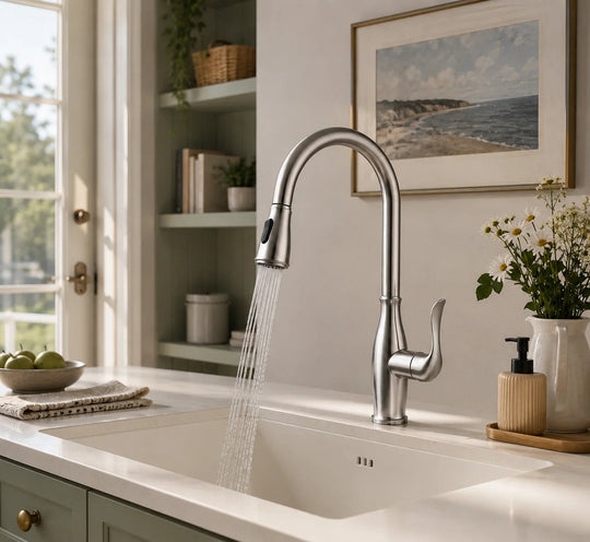 Pull down kitchen faucet brass, installed kitchen lifestyle scene — SANIKB FYF-05051