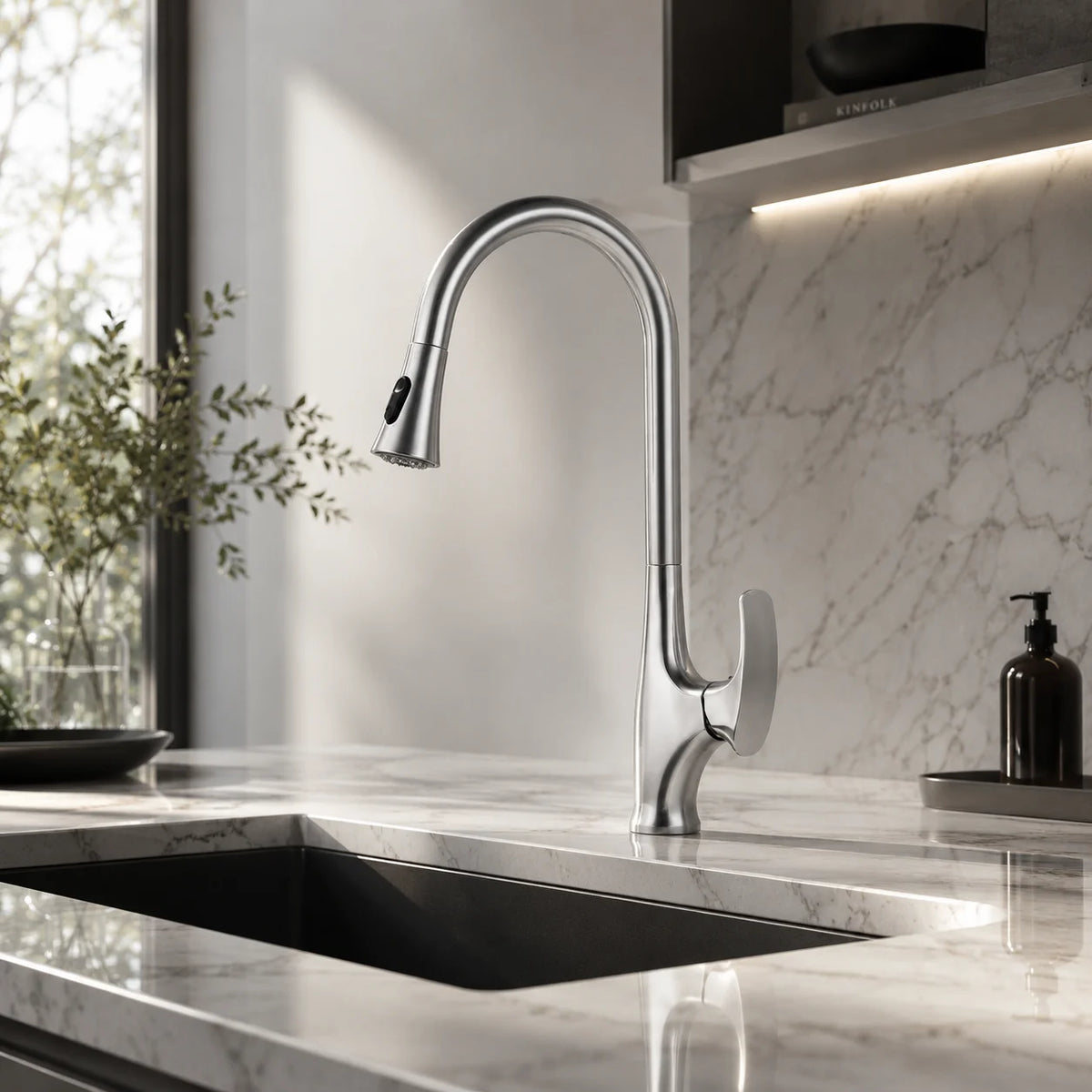 Pull down kitchen faucet brass, installed kitchen lifestyle scene — SANIKB FYF-05127