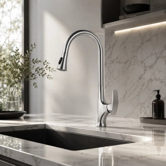 Pull down kitchen faucet brass, installed kitchen lifestyle scene — SANIKB FYF-05127