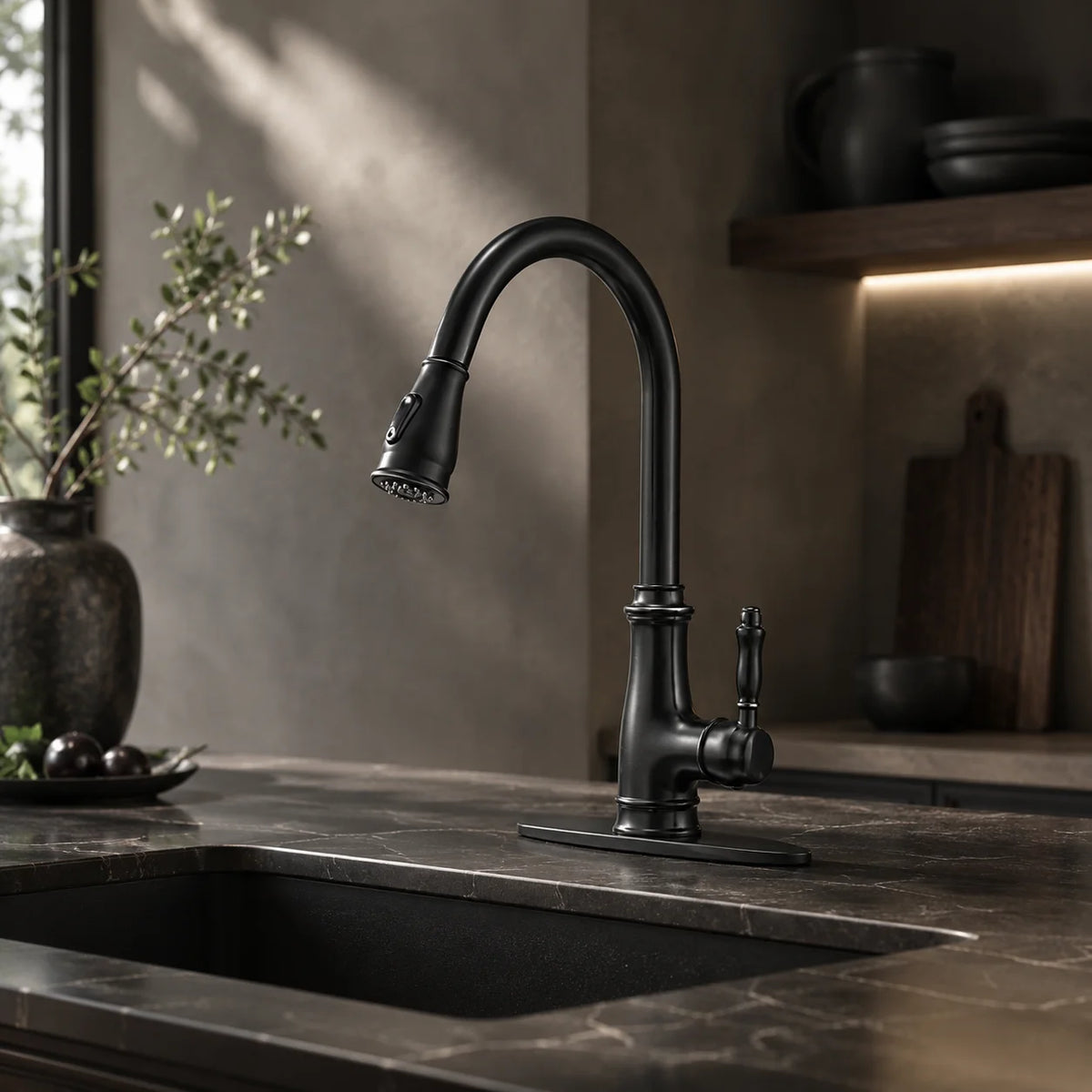 Pull down kitchen faucet brass, installed kitchen lifestyle scene — SANIKB FYF-05139