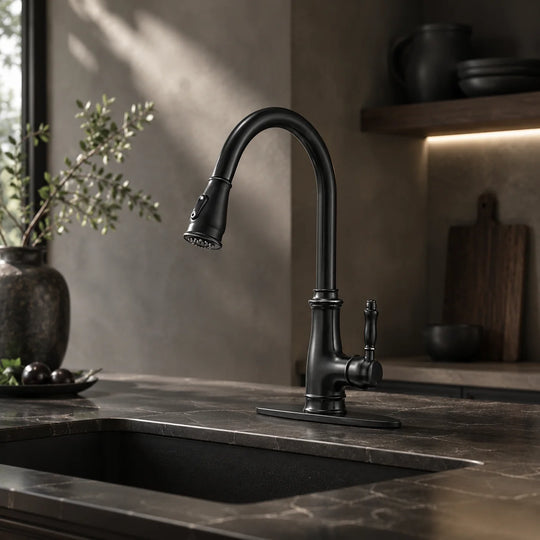 Pull down kitchen faucet brass, installed kitchen lifestyle scene — SANIKB FYF-05139