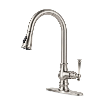 Brushed nickel traditional pull-down kitchen faucet with turned base, ball-finial lever, deck plate — SANIKB DL-05 009-NY