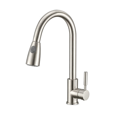 Brushed nickel pull-down kitchen faucet with straight round body, slim side lever and high arc spout — SANIKB DL-05 057-NY