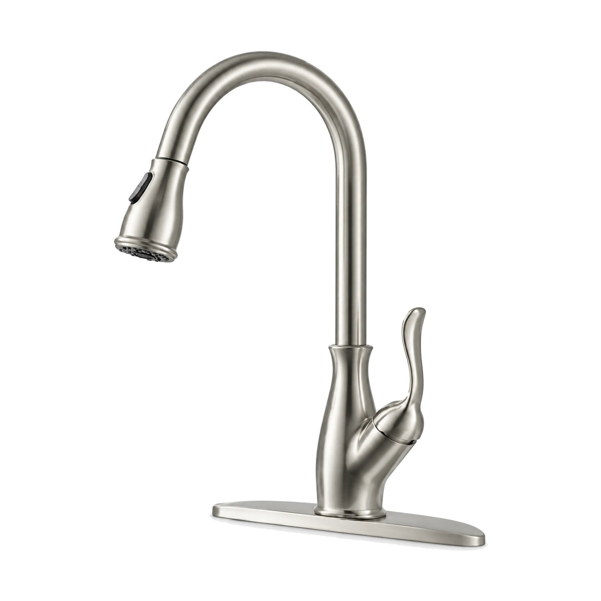 Brushed nickel pull-down kitchen faucet with S-curved lever, high arc spout and long rectangular deck plate — SANIKB DL-05 102-NY