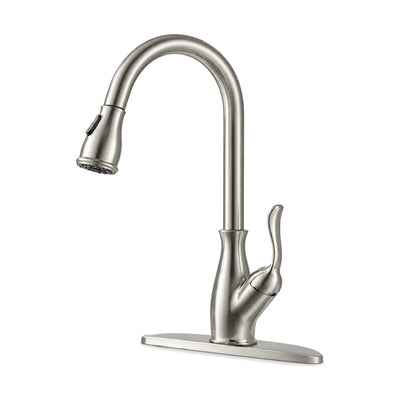 Brushed nickel pull-down kitchen faucet with S-curved lever, high arc spout and long rectangular deck plate — SANIKB DL-05 102-NY