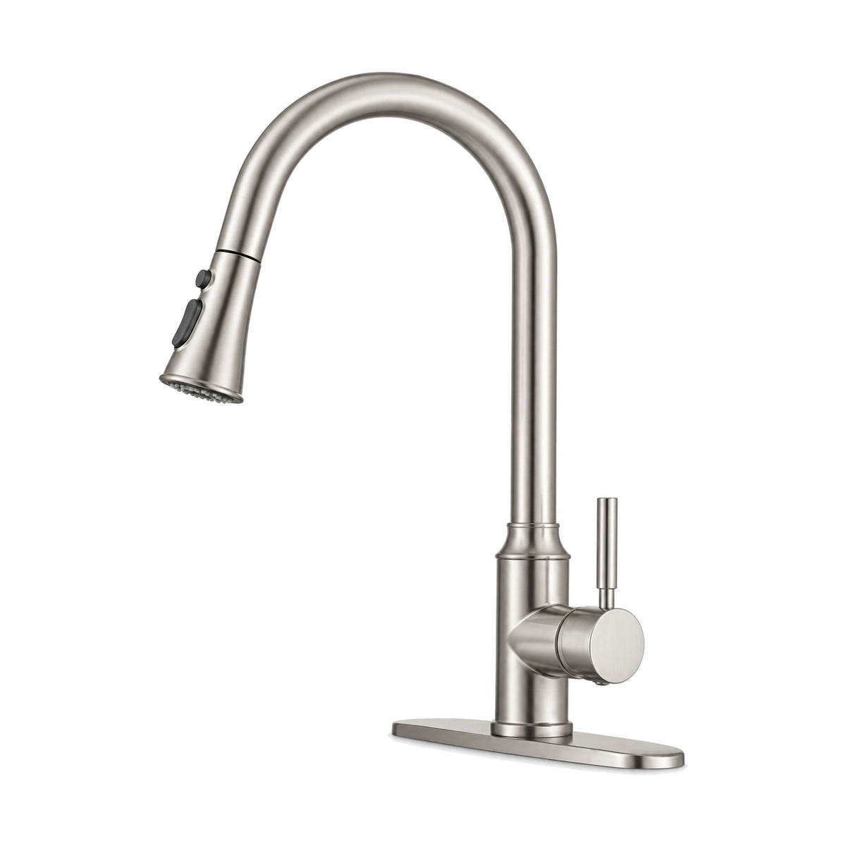 Matte black pull-down kitchen faucet with straight round body, side pin lever and rectangular deck plate — SANIKB DL-05 128-NY