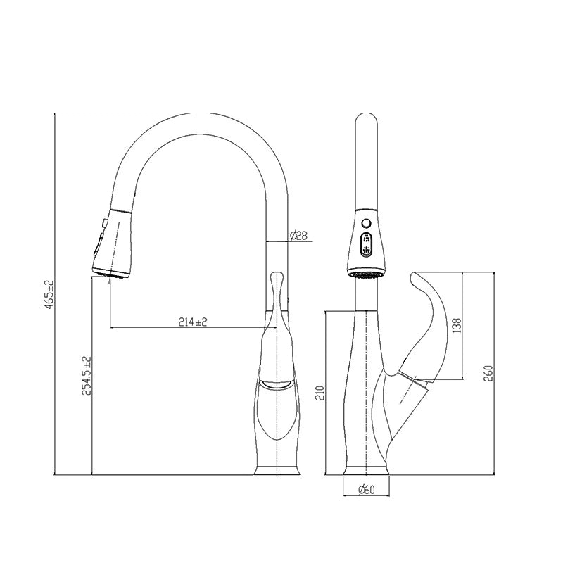 Technical dimension line drawing of the dual-button pull-down kitchen faucet, overall height 465 mm, spout reach 214 mm, spout height 254.5 mm — SANIKB FYF-05025.