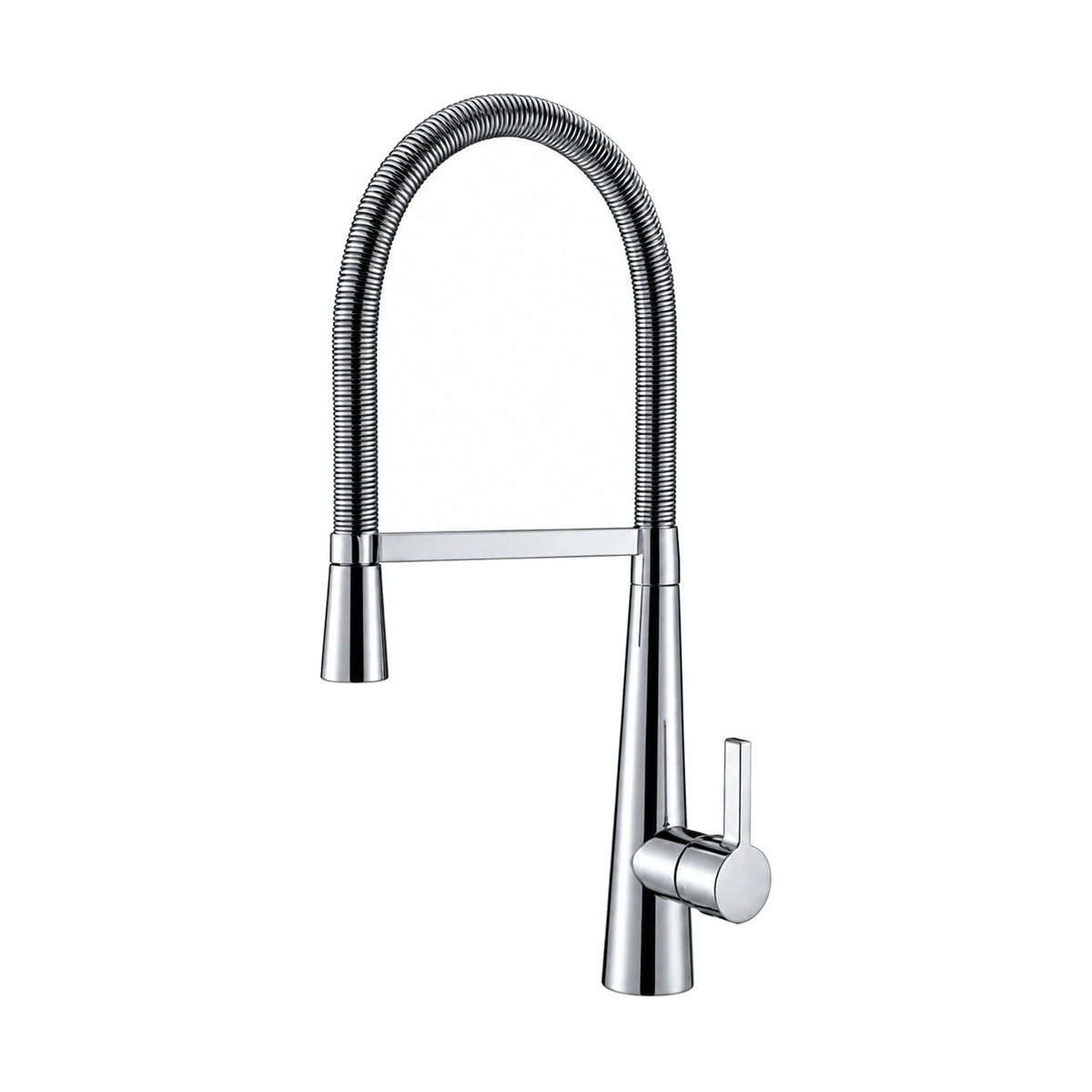 Chrome spring pull-down kitchen faucet with tapered cone body and spray head docked on an arm — SANIKB DL-05 088-CP