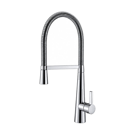 Chrome spring pull-down kitchen faucet with tapered cone body and spray head docked on an arm — SANIKB DL-05 088-CP