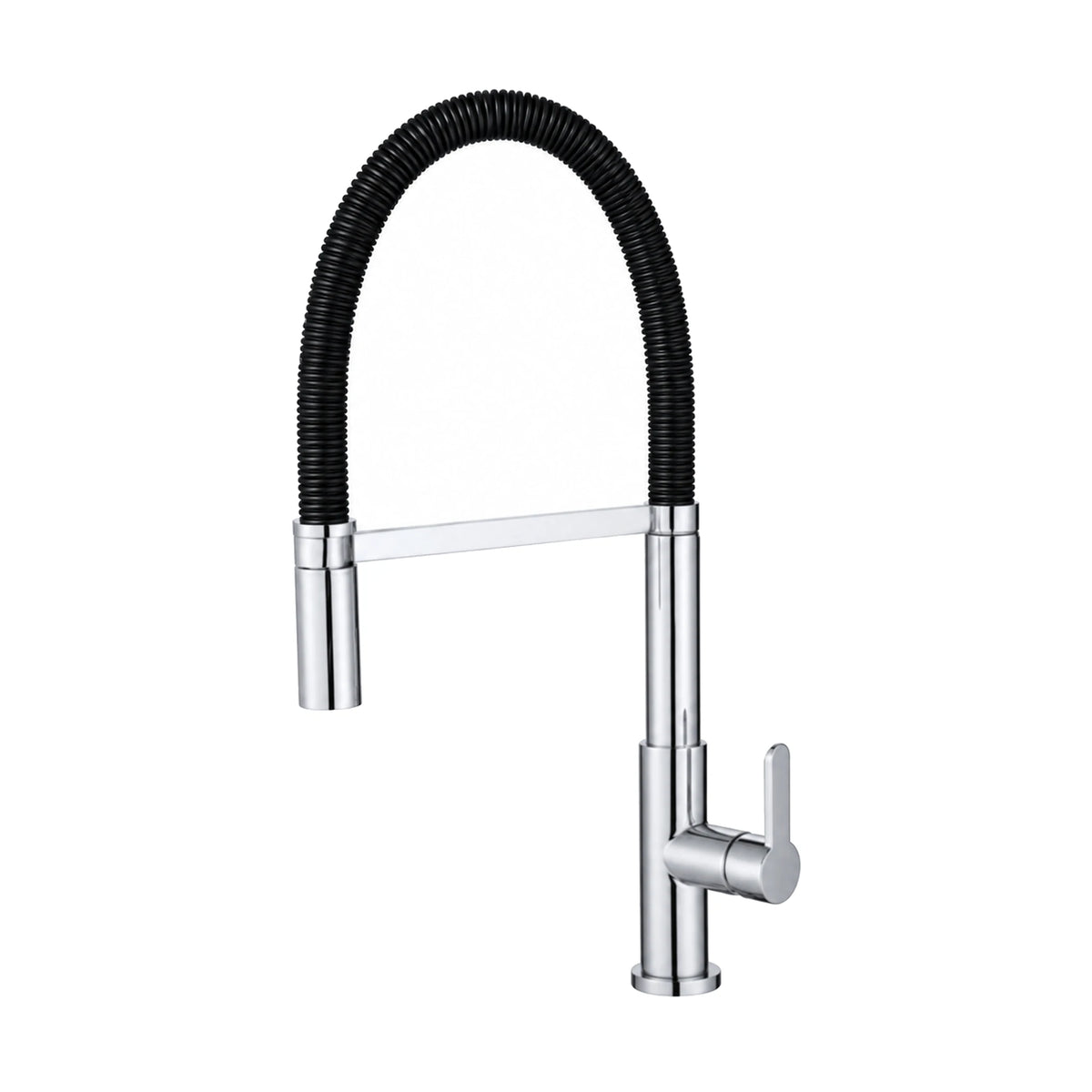 Chrome pull-down kitchen faucet with round column, black flexible hose arc and spray head on a side arm — SANIKB DL-05 089-CP