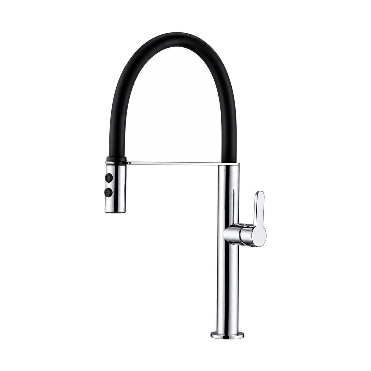 Chrome pull-down kitchen faucet with slim round column, black flexible hose loop and side docking arm — SANIKB DL-05 093-CP